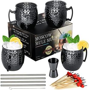 LINALL Moscow Mule Mugs- Set of 4 Gunmetal Black Plated Stainless Steel Mug 18oz, Measuring Cup, Cocktail Picks for Chilled Drinks (4pcs)