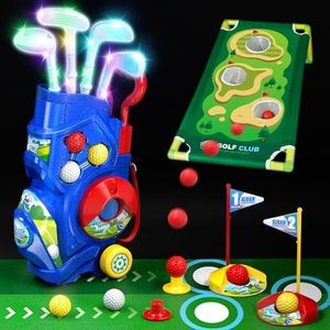 Uregoio Light Golf Club Set for Kids,Toddler Golf Set with Colf Cart,Golf Board,Putting Mat,4 Lighted Golf Clubs,6 Balls,Indoor Outdoor Sports Toys Birthday Gifts for Boys Girls Aged 3 4 5 6 Years Old