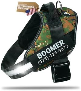 DOGGYKINGDOM Personalized Dog Harness with Custom Name Patches, No Choke, Reflective, Adjustable, Soft Padded Dog Vest Harness with Easy Control Handle for Growing Puppy Size Dog, Military Green, XS