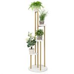 TANGZON 5-Tier Corner Plant Stand, Tall Plant Pot Display Stand Holder with Anti-Slip Pads, Indoor Outdoor Metal Flower Rack Ladder Shelf for Home Office Garden Balcony Decor (Marble White + Golden)