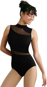 Tegmk Women Mock Neck Ballet Leotards for Dance, Asymmetrical Mesh Splicing, Chest Padding, Big Hollow Back(236125-06-L)