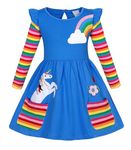 Henzworld Girls Unicorn Dress Long Sleeve Flower Rainbow Outfit With Pockets Kids Halloween Birthday Clothes Age 7-8 Years