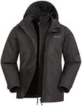 Mountain Warehouse Fell Mens 3 in 1 Water Resistant Jacket - Adjustable Coat with Packaway Hood, Detachable Inner Fleece & Many Pockets - For Hiking & Outdoors Black L