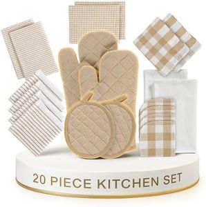 LANE LINEN 20 Piece Kitchen Linen Set - Soft Absorbent Cotton Dish Towels, Reusable Terry Dish Cloths, Flour Sack Towels for Baking, Quilted Oven Mitts & Pot Holders for Everyday Cooking - Beige