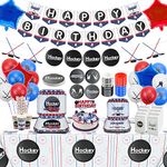 Hockey Party Decorations, Ice Hockey Birthday Party Supplies for Kids, Hockey Fans, Game Day, Includes Plates, Happy Birthday Banners, Hockey Tablecloth, Hockey Balloons, Gift Bags, Wristbands, Serves 20 Guests