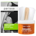Parissa Organic Sugar Wax Kit for Legs & Body | USDA Certified, Made in Canada, Vegan, Hypoallergenic | Gentle on Sensitive Skin, Water-Washable, Microwavable | 240ml Wax + 30 Reusable Strips + 3 Spatulas