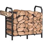 Mutool 25.6 Inch Metal Firewood Rack, Firewood Log Holder Indoor/Outdoor, Fireplace Wood Storage Shelf with Hooks, Black