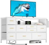 YITAHOME TV Stand with Charging Station, Dresser TV Stand for 55'' TV, 9 Drawer Dresser for Bedroom, White Dresser with Side Pockets, Fabric Dresser for Living Room, Entryway