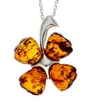 Lovely 925 Sterling Silver & Genuine Cognac Baltic Amber Lucky Clover Pendant - Chain not included - GL283C