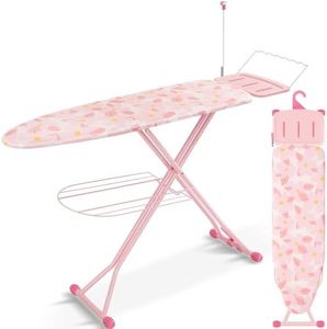 APEXCHASER Ironing Board, Extra Wide Iron Board with Bottom Storage Tray, Space Saver Ironing Boards with Iron Rest, Cord Holder, 7 Adjustable Height, Extra Thick Cover, 13x43 Pink