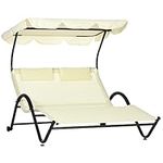 Outsunny Outdoor Patio Chaise Lounge Chair, Patio Sun Lounger w/Sunshade Roof, for Two People with Wheels and Breathable Sling Mesh Bed, Pillows, Beige