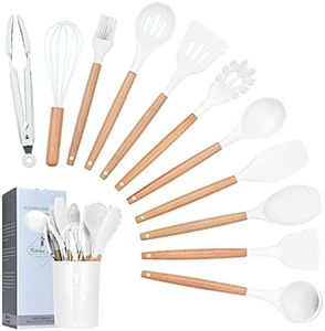 Lychee 12 Piezas Utensilios de Cocina de Silicona, Utensilios de Cocina de Silicona Resistentes al Calor y Antiadherentes con Mango de Madera para Utensilios (Blanca)