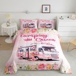 Happy Camping Camper Comforter Set Full Size,Roses Flowers RV Trailer Decor Bedding Set,Girls Boys Women Room Decor,Outdoor Adventure Trip Down Comforter,Pink Romantic Duvet Insert,2 Pillowcases