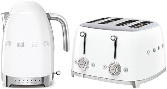Smeg KLF04WHUK Jug Kettle with Acoustic Alarm, 3KW, 1.7L & Smeg TSF03WHUK 4 Slice Toaster, Extra Wide Slots, White