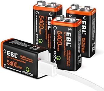 EBL USB Rechargeable 9V Li-ion Batteries (4 Pack)- 5400mWh Long Lasting Lithium Batteries with Micro Charging Cable