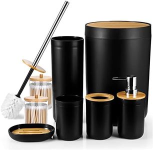 OTOSTAR Bathroom Accessories Set 8 Piece Bamboo Bathroom Accessory Set Bathroom Gift Set with 2 Qtip Holder Trash Can Soap Dispenser Toothbrush Holder Tumbler Cup Soap Dish Toilet Brush Holder (Black)