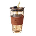 HEJISUN Glass Travel Mug with Lid and Straws, Leather Grip, 400ml Drinking Glasses Tumblers,for Iced Tea, Juice, Cocktail, Smoothies Cold & Hot Drink Cups (Brown)(Pack of 1)