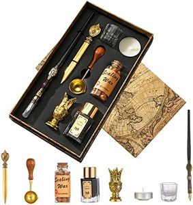 Joyeee Gold Calligraphy Pen Set with Ink, Wooden Calligraphy Fountain Pen, 1 Bottle Sealing Wax Beads, Tea Candle, Glass Cup, Gold Letter Opener, Holder and Wax Seal Spoon, Teacher Gift Box for Women