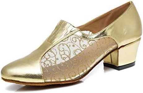 Minishion Women's Closed Toe Slip-on Block Low Heel Salsa Latin Ballroom Dancing Shoes, Gold, 6.5