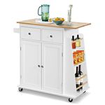 TANGZON Kitchen Island on Wheels, Rolling Kitchen Storage Trolley with Cabinet, Rubber Wood Worktop, Adjustable Shelf, 2 Drawers & 3-Tier Spice Rack, Dining Room Utility Serving Cart Sideboard (White)