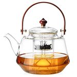 DOPUDO SUNDIAL Glass Teapot, Stove Top Safe, Borosilicate Glass Kettle with Removable Infuser, Heat Resistant Wood Handle for Blooming Flower Tea- 1250ml/ 42oz