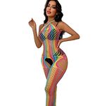 mom&myaboys Women Fishnet Lingerie Bodysuit Stocking Rave Outfit Music Festival Holiday Cosplay Costume Sexy Disco Dance Clubwear (rainbow)