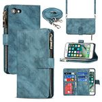 Jaorty Compatible with iPhone SE 2nd 2020/SE 3rd 2022 Wallet Case with Crossbody Strap,[9 Card Slots] Necklace Lanyard Shoulder Strap Zipper Magnetic Leather Case for iPhone 7/8,4.7" Blue