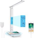 LAOPAO LED Desk Lamp with Wireless Charger, USB Charging Port, Adjustable Foldable ​Table Lamp with Clock, Alarm, Date, Temperature, 5-Level Dimmable ​Lighting​, Office Lamp with Adapter