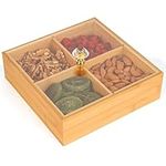 BELLE VOUS Square Serving Tray with Lid & 4 Compartments - 22 x 22cm/8.7 x 8.7 Inches Bamboo Nuts Platter Tray - Multipurpose Storage Container for Nuts, Dry Fruits, Candy, Tea Bags & Jewellery