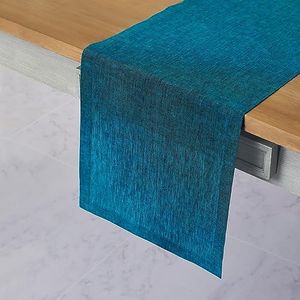 Solino Home Linen Table Runner 156 Inches Long - Athena, 100% Pure Linen Chambray Teal 14 x 156 Inch Table Runner for Dining, Spring, Summer