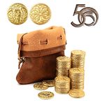 Byhoo Fantasy Dungeons & Dragons Metal Coins Set with Leather Bag, The Novelty Board Games Tokens Treasure and Retro Props, 50 Magic Sparkling DND Golden Coins for Party TRPG Game