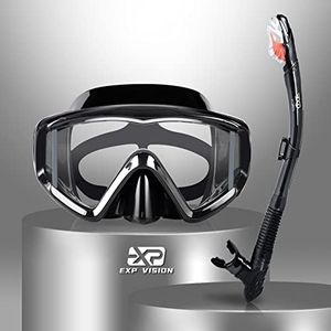 Snorkel Set Pano 3 Window Adult Snorkeling Gear, Professional Anti-Fog Snorkel Diving Mask, Anti-Leak Swim Goggles and Dry Top Snorkel for Scuba Diving, Snorkeling, Swimming (Black)