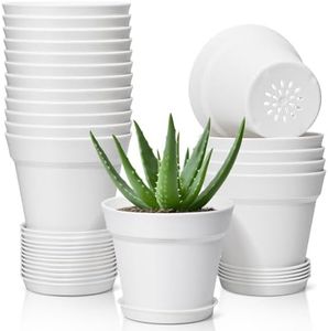 T4U Flower Pots 18-Pack, 5 Inch Plant Pot with Saucer and Drainage Hole, Durable Plastic Flower Pots, Small Pots for Plants, Violet, Succulent and Indoor Plant Decorative (18 Pack 5" Pot, White)