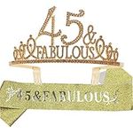 45th Birthday Gifts for women,45th Birthday Tiara and Sash Golden, 45&FABULOUS Satin Sash Tiara Birthday Crown.