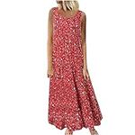 Generic Target Online Shopping Summer Floral Print Dresses for Women UK Plus Size Sleeveless Crewneck Swing Dress Casual Vacation Beach Tank Dress Daily Linen Long Maxi Dress