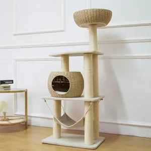 Pawlabay Wood Cat Tree for Indoor Cats, 52.4 Inch Tall, with Scratching Post and Hammock