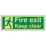 V Safety 14011AX-G Glow In The Dark Fire Exit Keep Clear Sign - 300mm x 100mm - Rigid Plastic, Green