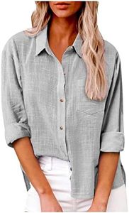 HXHYQKP Womens Button Down Shirts Gauze Cotton Dress Shirt Long Sleeve Boyfriend Solid Tunic Tops with Pockets