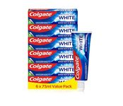 Colgate Advanced White Toothpaste, 6 x 75 ml - Whiter teeth in 10 Days - Clinically proven whitening - Teeth whitening toothpaste with micro-cleansing crystals - Mint toothpaste