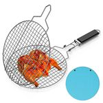 Linkidea Round Portable BBQ Grill Basket, Stainless Steel Fish Grill Basket with Removable Secure Locking Handle, Grill Accessories for Outdoor Grill Vegetables Fishes Shrimp