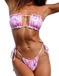 Didabotak Bikini Women Pleated Bandeau Swimsuit Female Low Waist Swimwear Women Beach Mini Thong Bikini Set Bathing Suit (Pink, S)