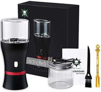 Electric Herb Grinder COMPACT Size, Fast Grinding for Flower Buds, Updated 6 Blades Spice Grinder, USB-Rechargeable Electric Grinder with 2 x 1.7oz/50ml Glass Herb Jars and a Mini Shovel