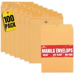 1InTheOffice Clasp Envelopes 10x15, Brown Manilla Envelopes with Clasp, Gummed Flaps, 10" x 15" Clasp Envelopes, (100)