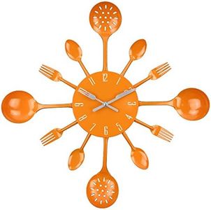 Wall Clock Timelike 16 Metal Kitchen Cutlery Utensil Spoon Fork Wall Clock Creative Modern Home Decor Antique Style Wall Watch (Orange)