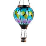 DREAMSKIP Dragonfly Solar Hot Air Balloon Lantern with Flame, Glass Hot Air Balloon Solar Lantern Outdoor Waterproof, Decorative Hanging Hot Air Balloon Solar Light for Outside Garden Patio Yard