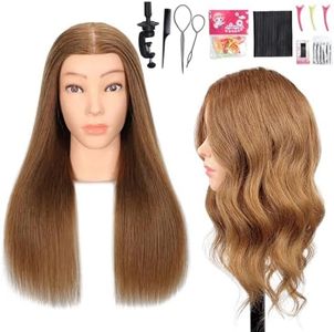 MQHIHI Mannequin Head Human Hair, 100% Real Hair Cosmetology Manikin Head for Practice Braiding Hairstyling Cutting with Free Clamp Holder and Tools (100% Light Brown)