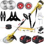 Cordless Grass Trimmer, Cordless Strimmer with 5 Types of Blades and 2 x 4.0Ah Battery, 21V Strimmer, Cutting width 25cm, for Lawn Garden Pruning (Yellow)