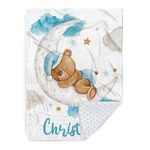 Personalized Baby Blanket for Boys, Custom Baby Blanket with Name, Soft Flannel with Double Layer Dotted Backing, Receiving Swaddle Blanket Suitable for Infants and Toddler, Blue Moon Bear(47”x60)