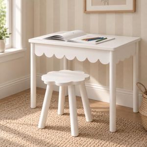 CAALMA Kids Table and Chair Set (Ages 3–7), Solid Wood with Lift-Top Hidden Storage - Montessori Table and Chair Set with Scalloped Design, Easy-Clean Surface & Gold Hardware (White)