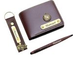 AS Store Customized Name Leather Wallet, Keychain & Pen Combo Gift Set for Men I with Personalized 12 Fonts and 38 Charms Gift for Your Loved Once, Friend, Father, Brother, son (Brown)